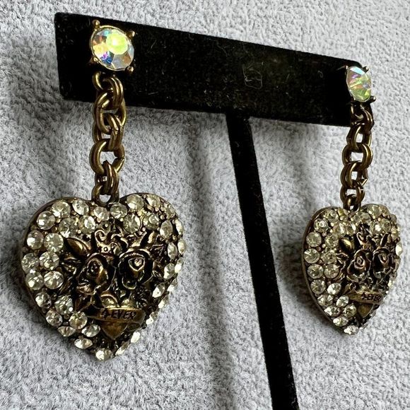 Betsey Johnson AB Crystal Bronze Rhinestone Heart Statement Drop Post Earrings - Picture 2 of 5